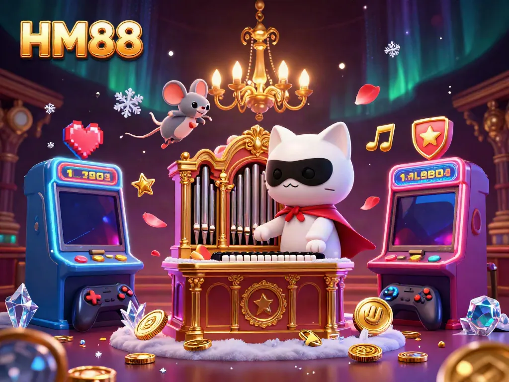 Play engaging casino games with HM88's vibrant environment surrounded by colorful slot machines.