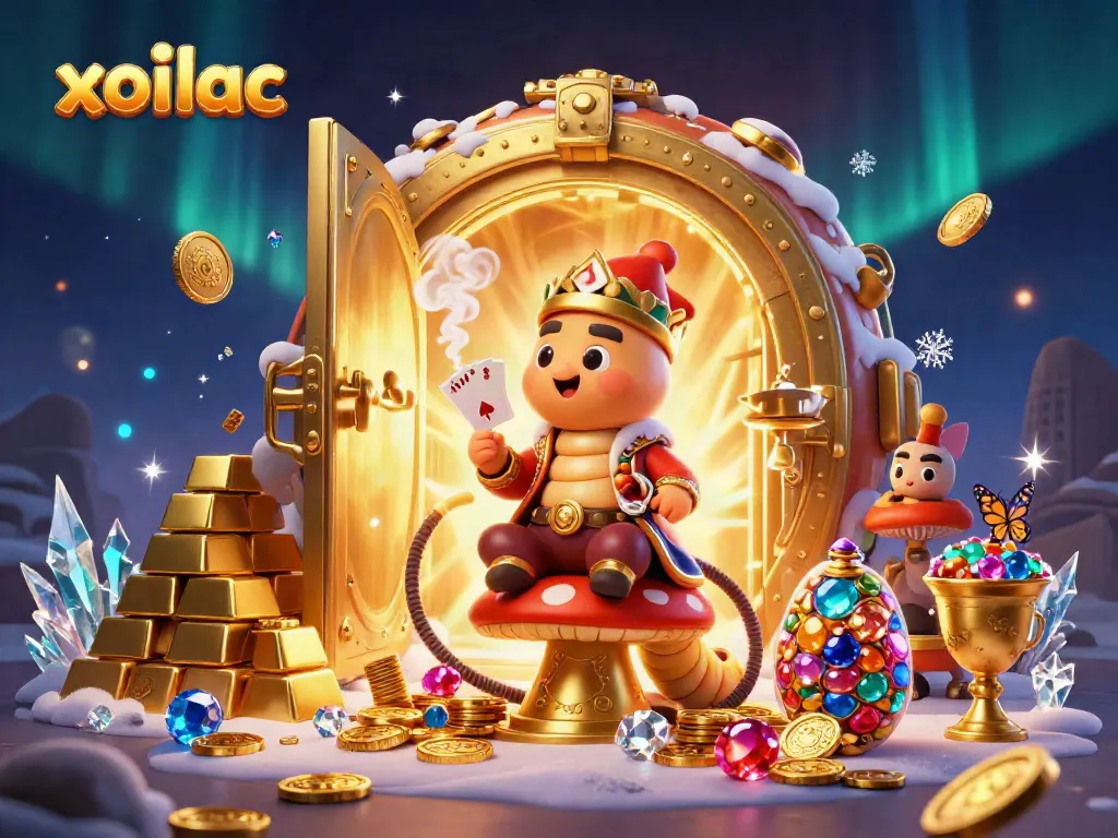 Engaging illustration featuring xoilac's iconic caterpillar character amidst golden treasures and casino elements.