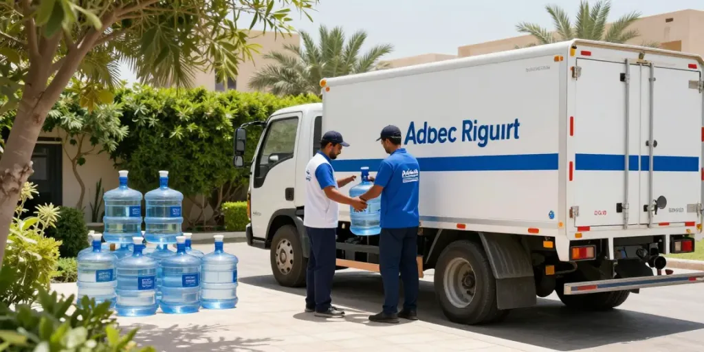 توصيل وايت ماء بالرياض with a team member filling a water tank in a sunny garden setting