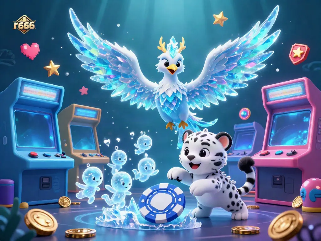 Experience the vibrant casino world with r666 featuring an ice phoenix, playful snow leopard, and lively sprites.