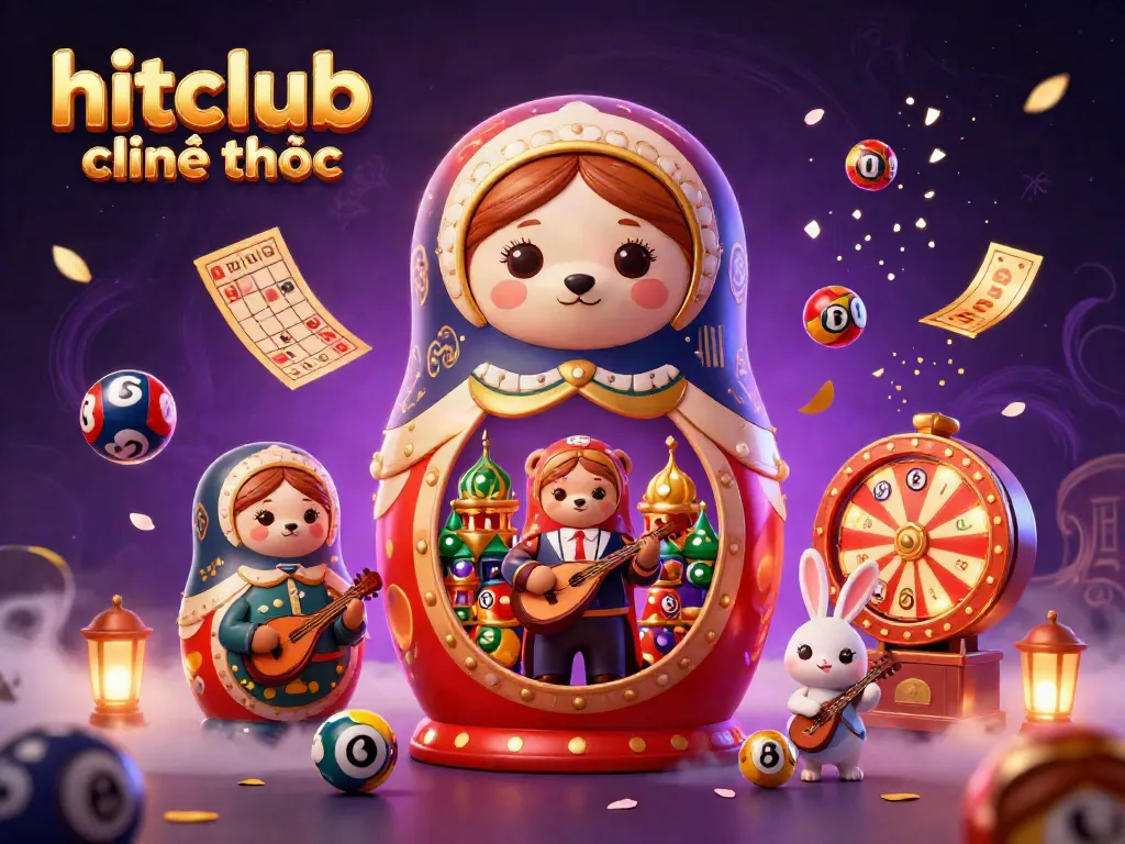 Engage with hitclub chính thức by discovering a vibrant casino-themed scene featuring playful Matryoshka bears and a serenading rabbit amidst colorful game elements.
