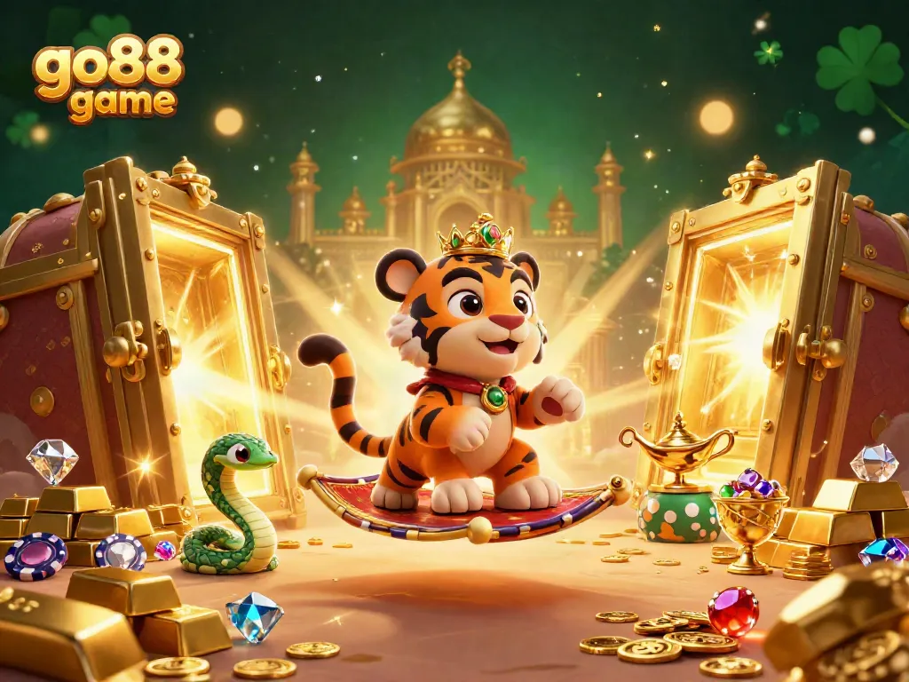 Experience the excitement of go88 game with our enchanting illustration featuring a tiger sultan and magical elements.