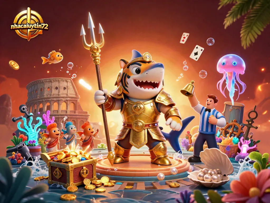 Watch the thrilling underwater colosseum scene with nhacaiuytin72 featuring a fierce tiger shark in gladiator armor, cheering fish, and golden treasures.