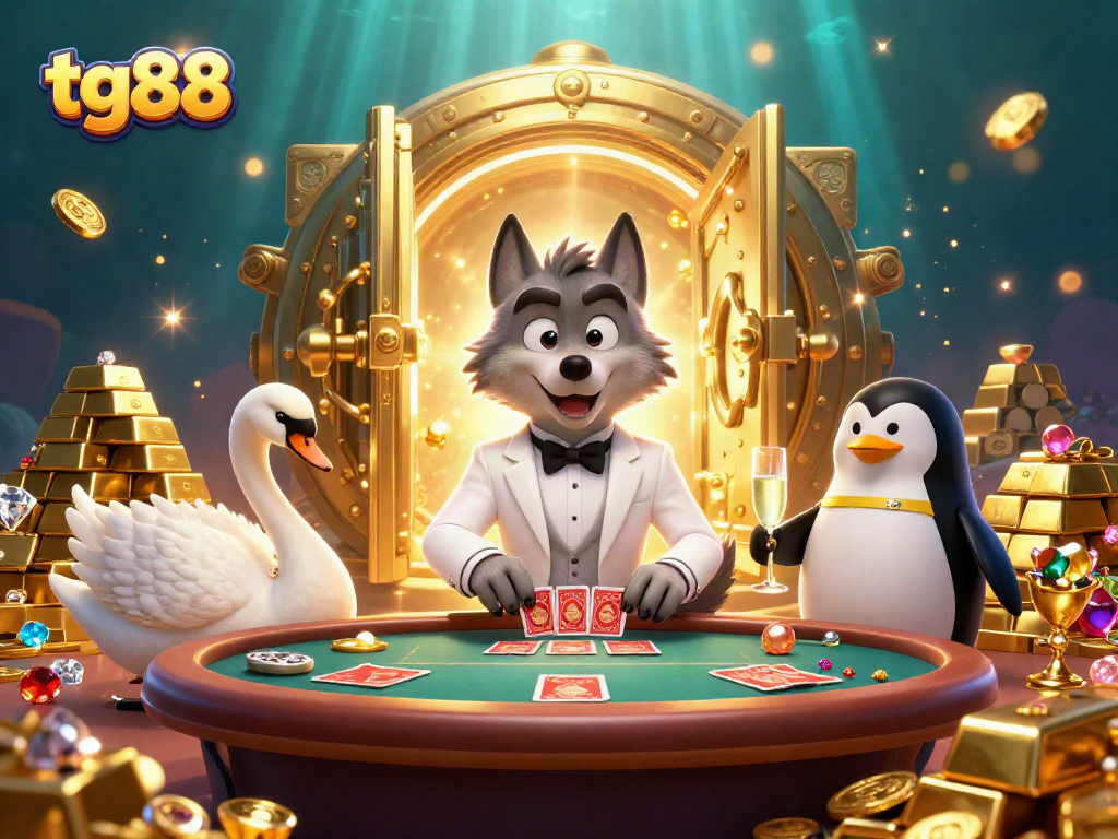 Join tg88 for an exciting baccarat game with a debonair wolf, elegant swan, and a sophisticated penguin