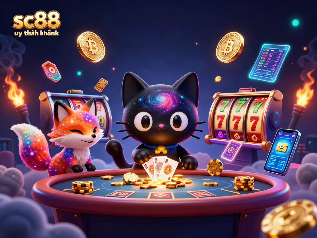 Engage with sc88 uy tín không in a vibrant cosmic casino scene featuring dynamic characters and game elements.