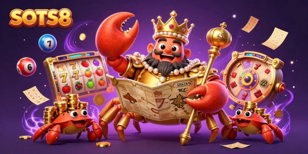 Experience SLOTS8 with an emperor crab surrounded by vibrant slot game elements and treasures in a magical casino atmosphere.