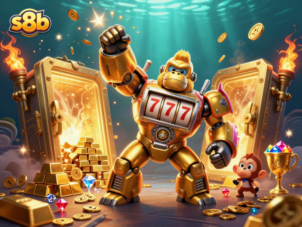Experience the thrilling s8b adventure with golden gorilla mech and slot machine treasures.