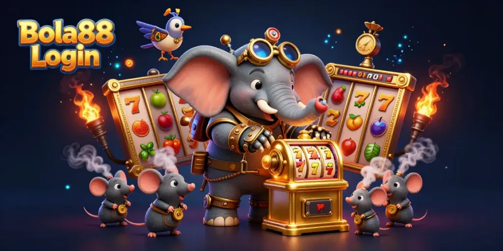 Bola88 Login offers vibrant casino action with a steampunk elephant operating a slot machine.
