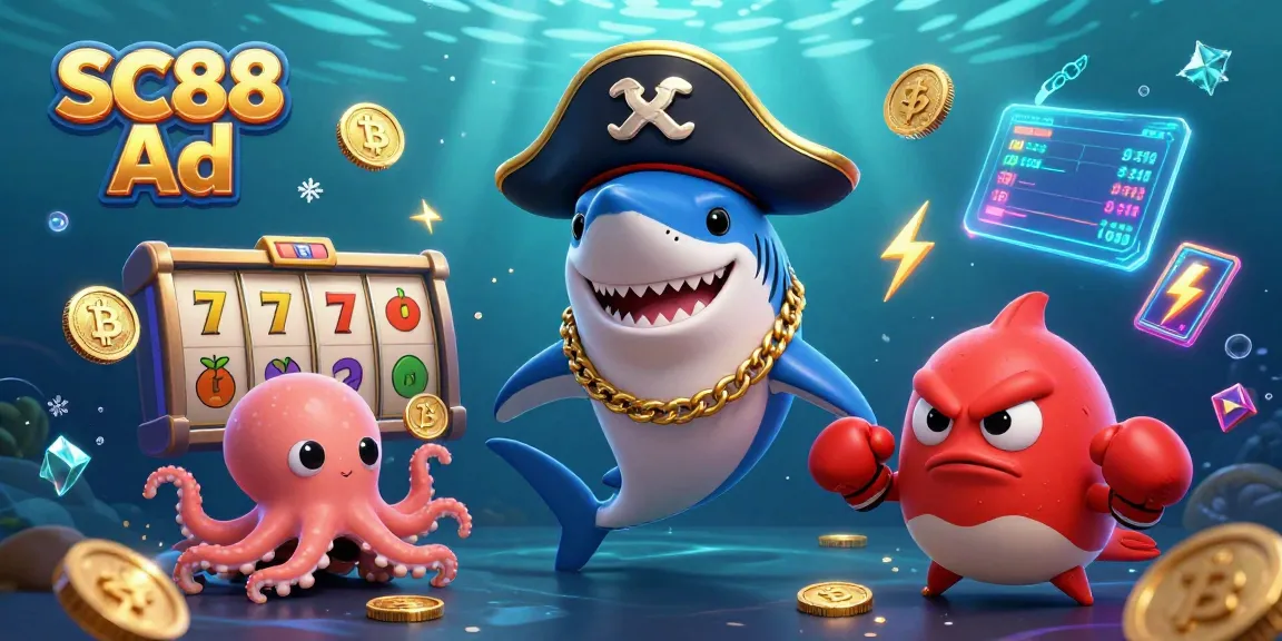 Join the SC88 Ad adventure with a lively pirate shark, boxing pufferfish, and coin-holding octopus in a vibrant casino scene.