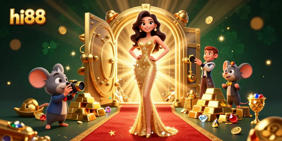 Experience thrilling gaming at hi88 with a glamorous lady and winning treasures in this vibrant illustration.