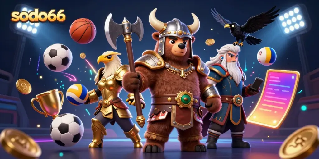 Sodo66 showcases a dynamic Viking bear and Valkyrie eagle amidst casino action, capturing excitement in gambling.