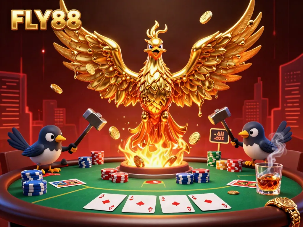 Experience the excitement of FLY88 with a golden phoenix, poker elements, and vibrant casino atmosphere.