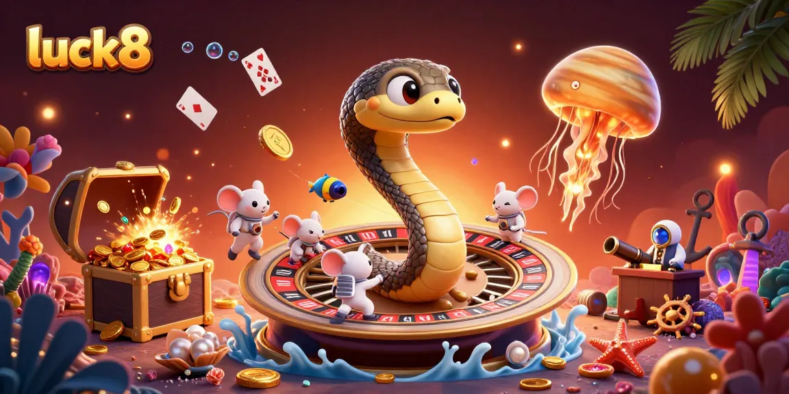 Engage with luck8's vibrant 3D casino scene featuring playful astronaut mice betting on cosmic roulette.