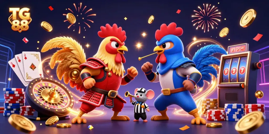 Experience thrilling casino action with TG 88's vibrant 3D roosters and sparkling gaming elements