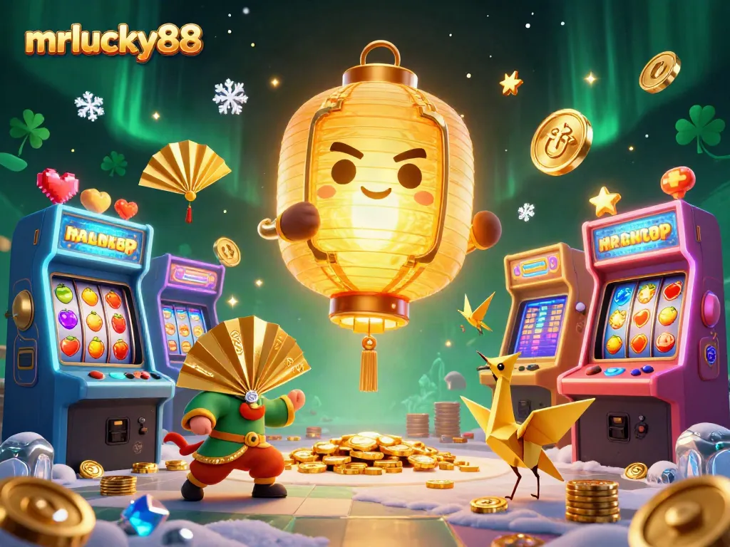 Experience the magic of mrlucky88 with vibrant games and a lively casino atmosphere in this 3D illustration.