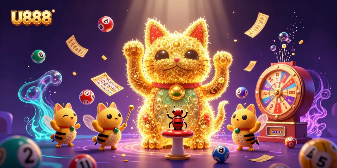 Experience vibrant U888 casino action with a lucky cat, colorful lottery balls, and exciting game elements