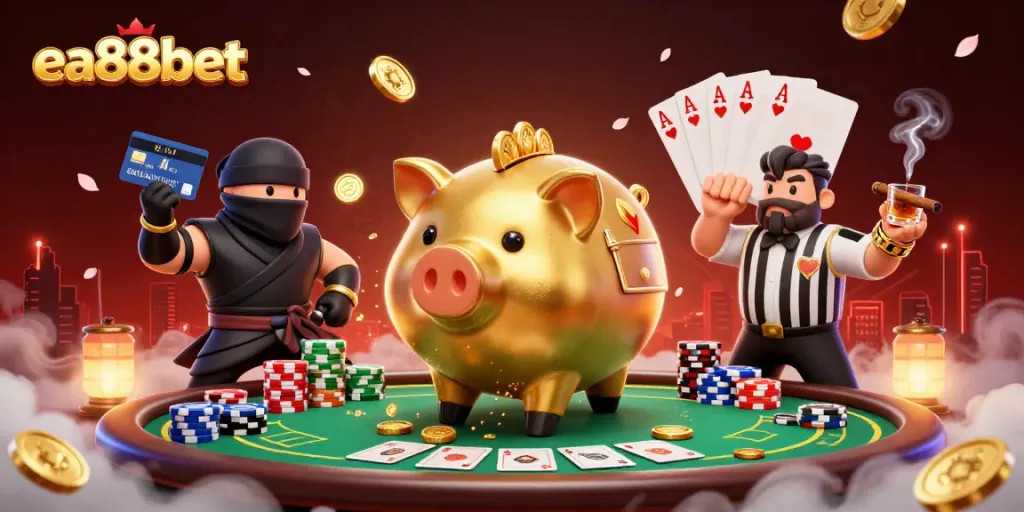 Experience thrilling gaming action with ea88bet's dynamic casino scene featuring cartoon characters.