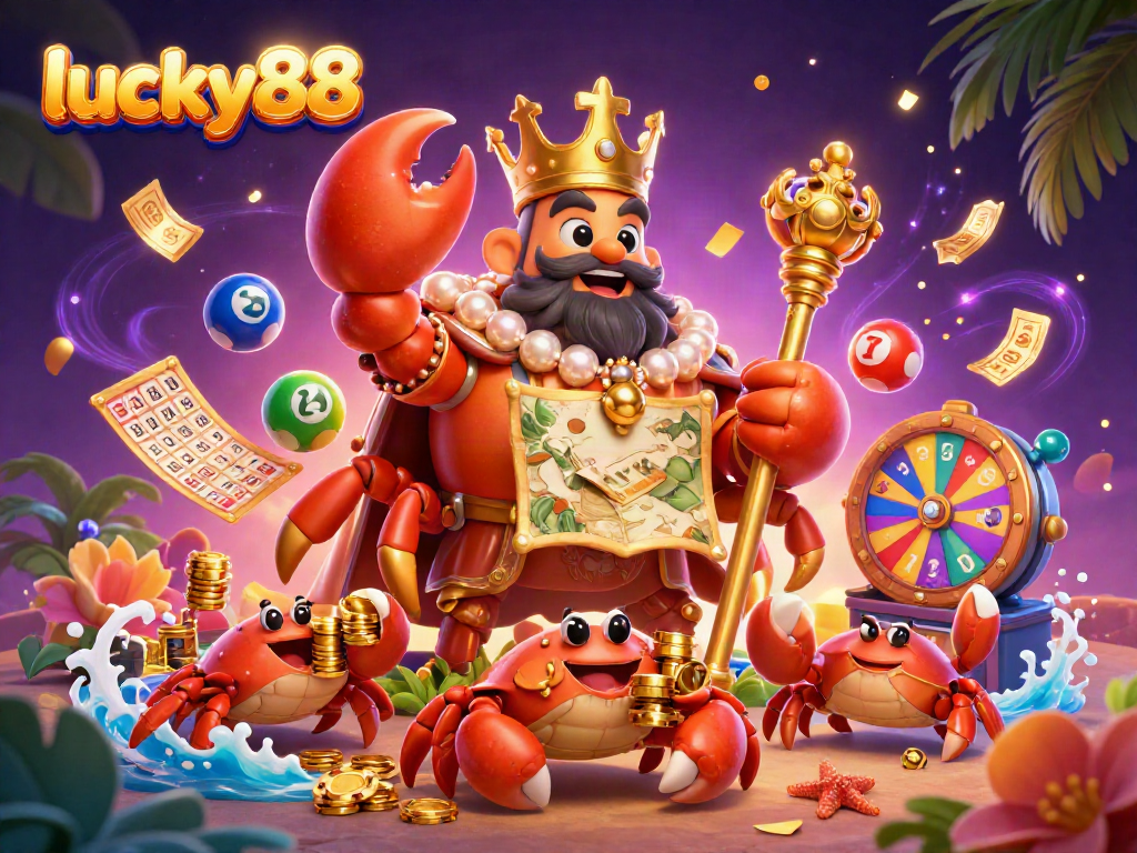 Engage with lucky88 through an exciting 3D illustration of a crab emperor, symbols, and vibrant game elements.