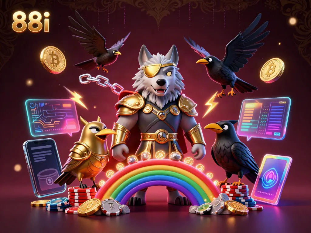 88i's vibrant and dynamic 3D casino illustration featuring mythological elements and cryptocurrency.