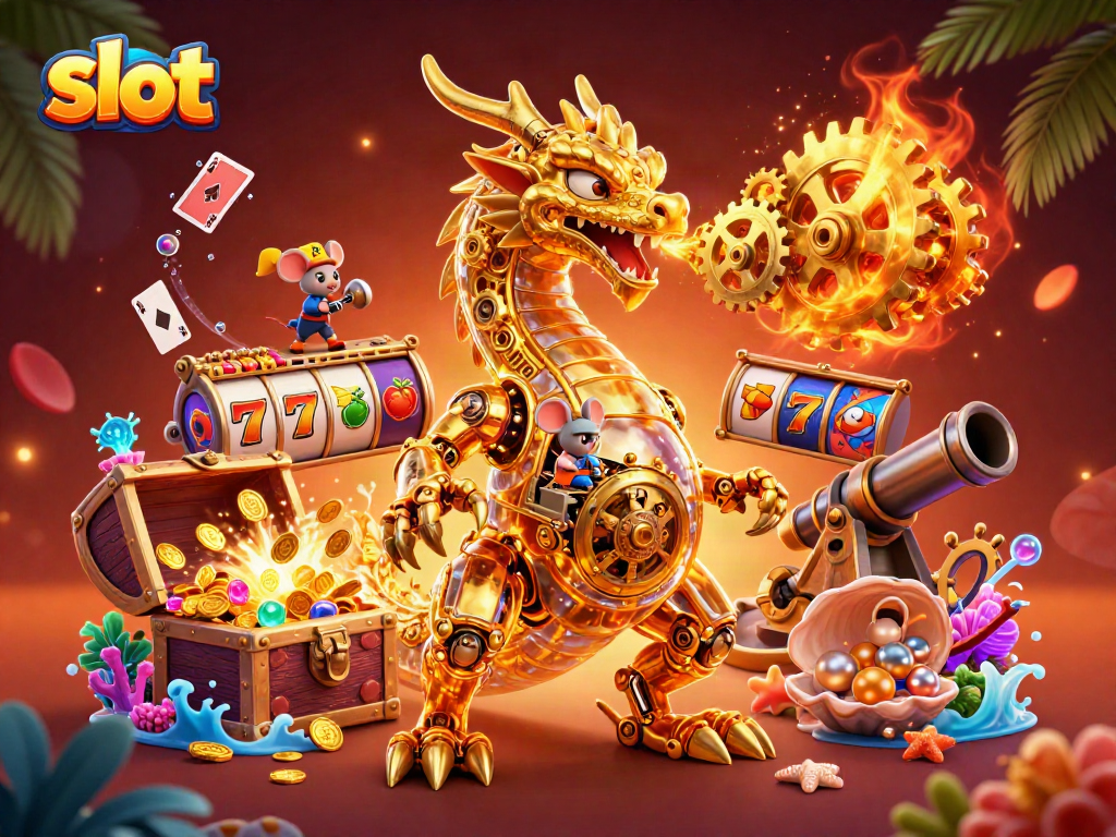 Spin the slot machine with vibrant golden dragon, coins, and gems in this 3D illustration.