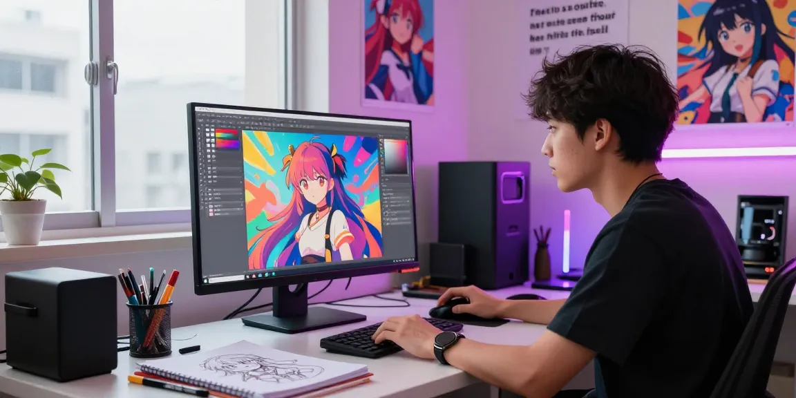 Creative workspace for AI ecchi character design featuring vibrant art and neon lights.