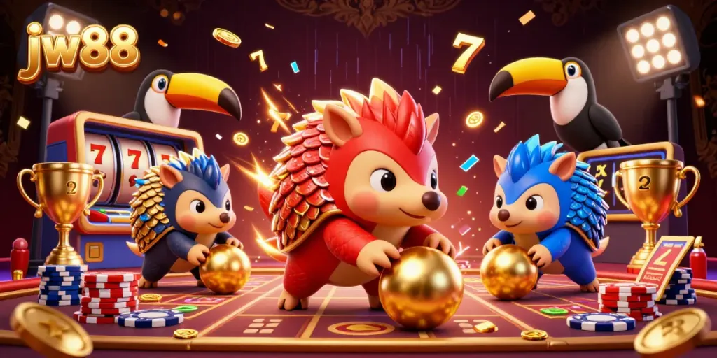 Experience the thrill of jw88 casino with rival pangolins bowling through golden poker chips in a vibrant digital scene.