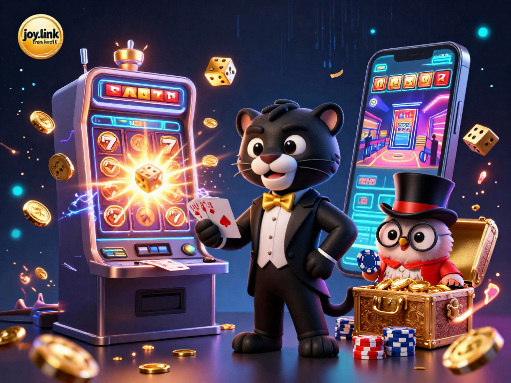 Experience the excitement of joy.link free kredit with a vibrant casino scene featuring a tuxedoed panther and gambling elements.