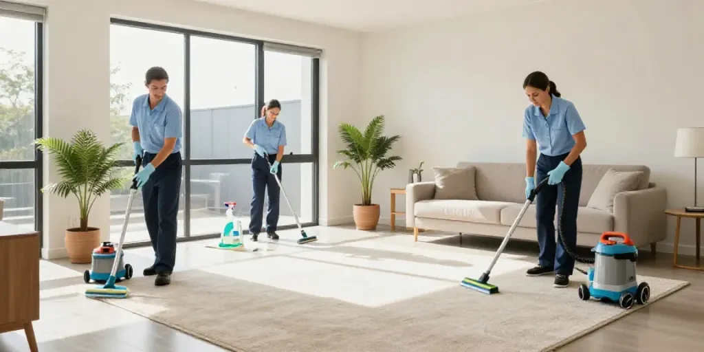 End of lease cleaning Melbourne with professional cleaners in a bright living room scene, showcasing cleanliness and attention to detail.