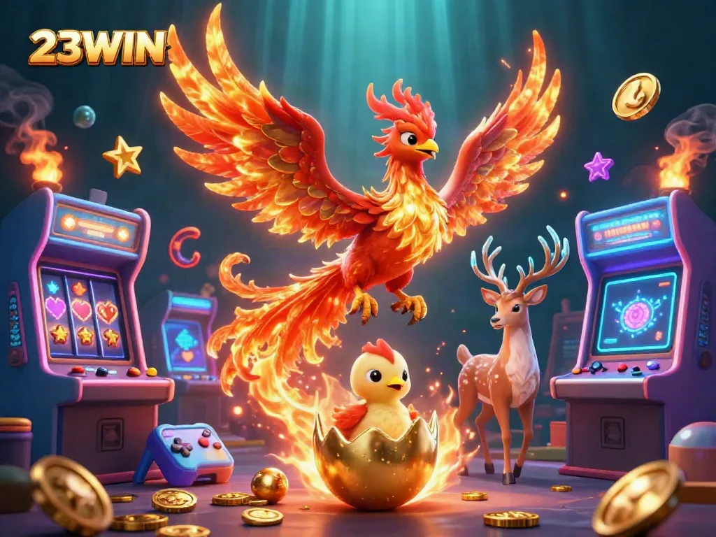 Experience 23WIN's vibrant gaming universe with phoenix champions emerging amidst dynamic casino elements.