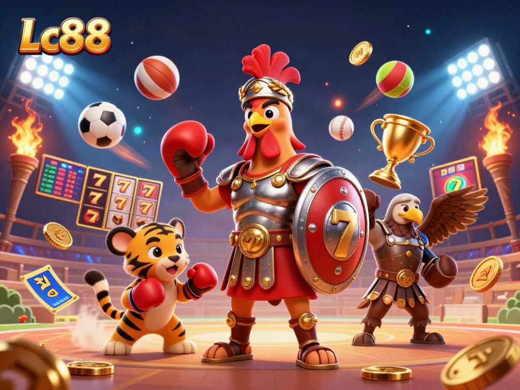 Jump into Lc88's thrilling casino scene featuring dynamic slot reels and engaging characters.