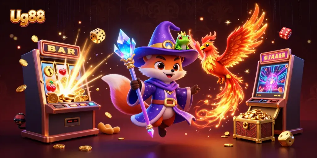 Engage in exhilarating gaming with Ug88 as a wizard fox, phoenix, and crowned frog surround a vibrant casino scene.