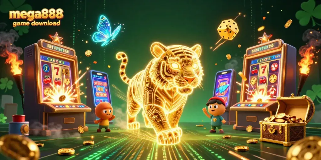 Mega888 game download with a neon-wireframe golden tiger and dynamic casino elements bursting with excitement.