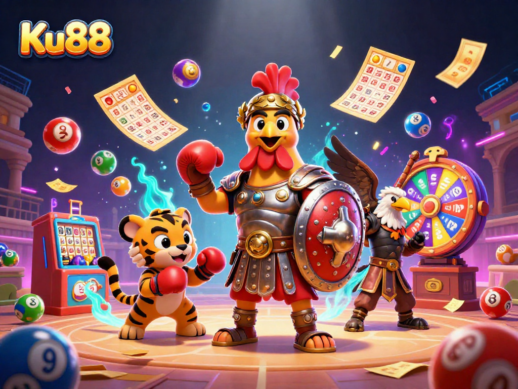 Engage with Ku88 in a vibrant 3D casino scene featuring characters and lottery elements.