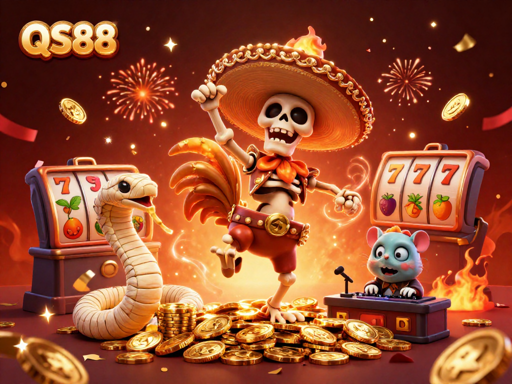 Experience thrilling winnings with QS88, featuring colorful slot reels and dynamic casino scenes.