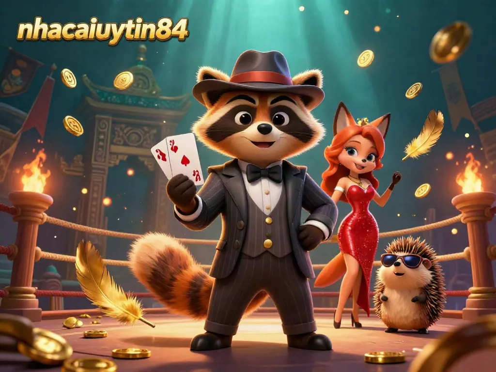 Engaging casino scene with nhacaiuytin84 branding, showcasing dynamic characters and gambling elements.