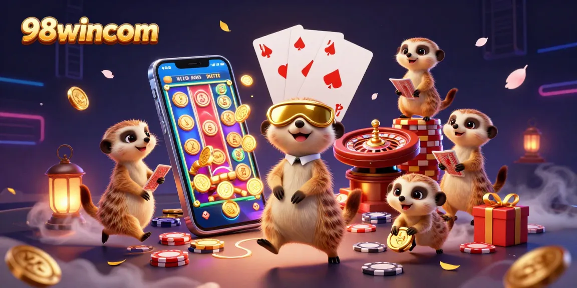 Experience the thrilling atmosphere of 98wincom as meerkats run their casino, surrounded by vibrant gaming elements.