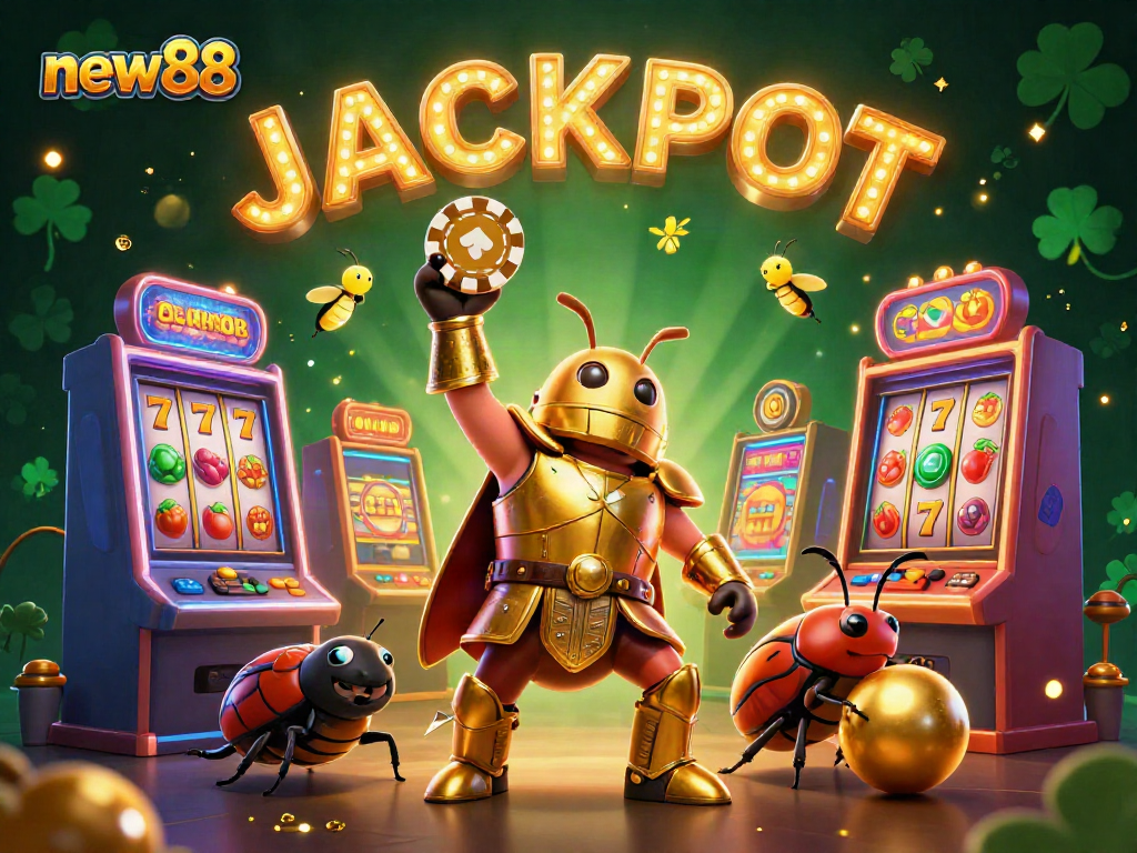 Win big at new88 with a victorious beetle and sparkling casino elements all around.