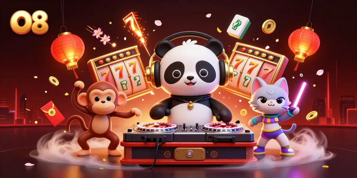 Experience O8's vibrant casino scene with a DJ panda and breakdancing monkey in a dynamic illustration.