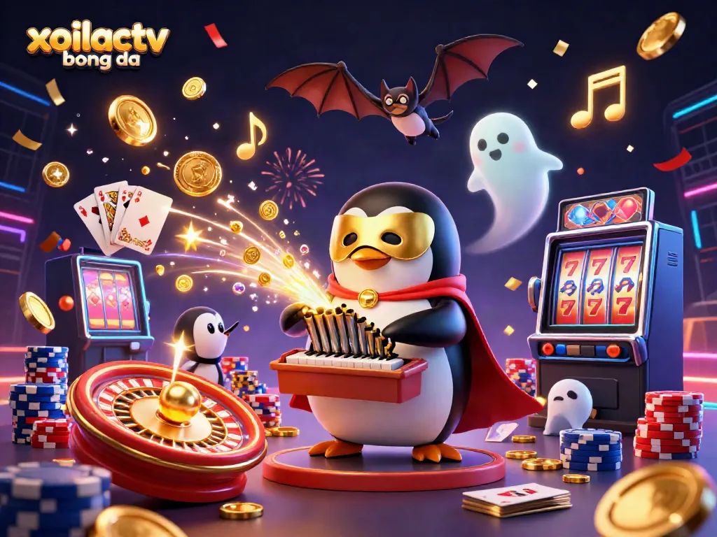 Enjoy live sports betting at xoilactv bong da with an exciting 3D illustration of a penguin enjoying a lavish casino scene.