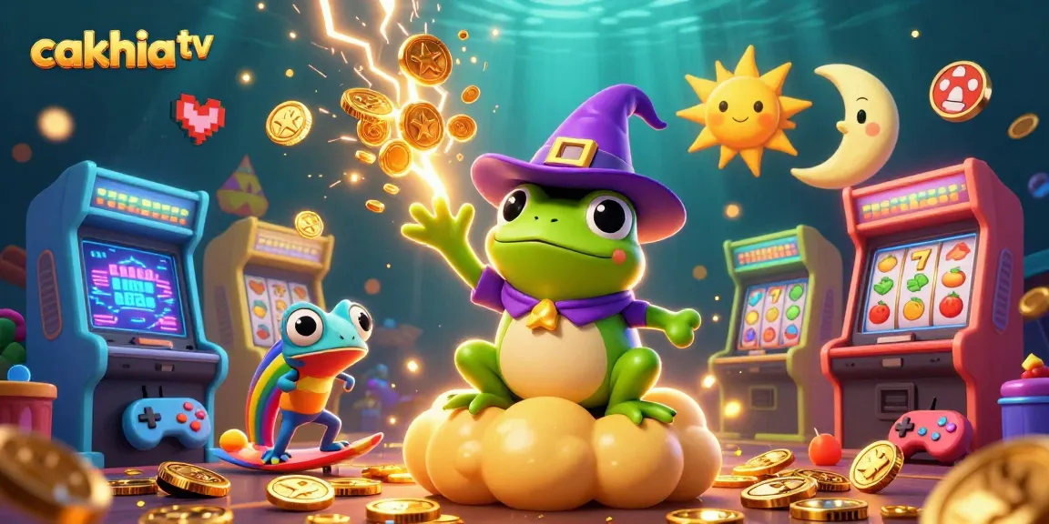 Cakhia TV presents an engaging 3D casino scene with a wizard frog and chameleon amidst golden coins.