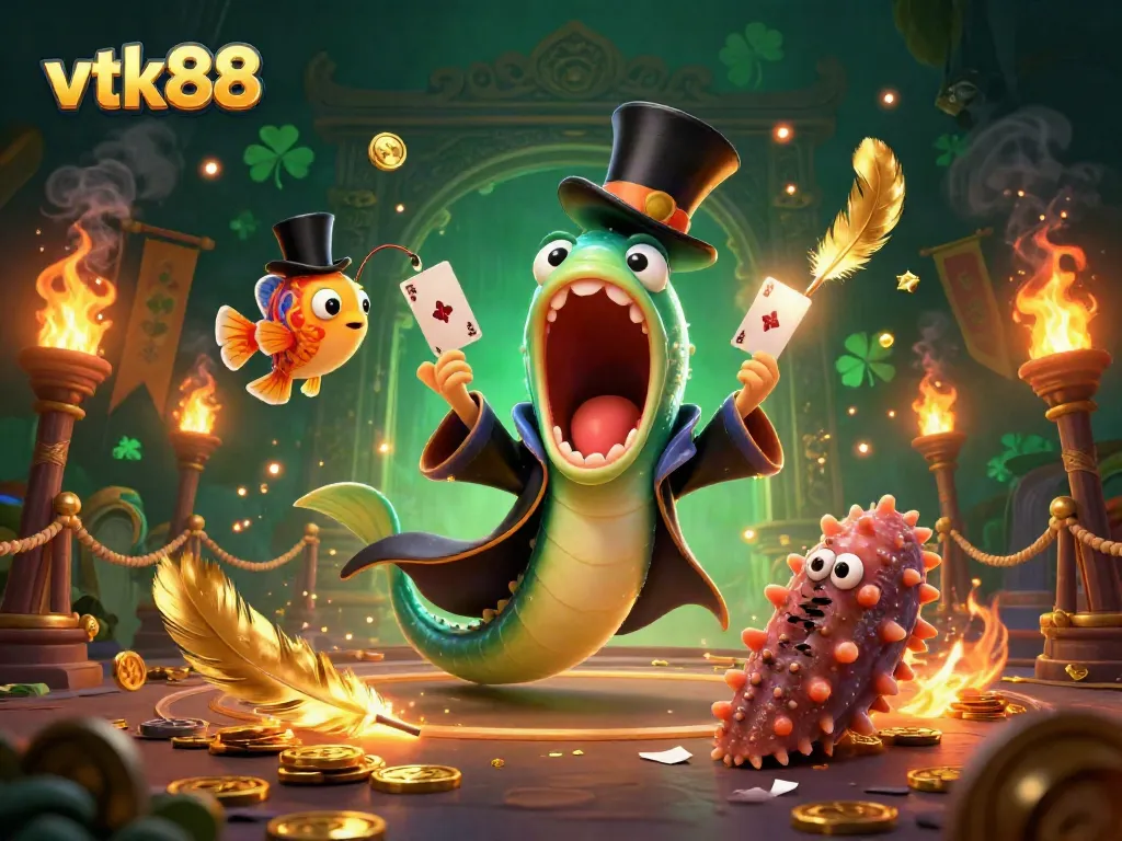 Feel the thrill at vtk88 with a magician deep-sea eel performing tricks in a vibrant casino scene.