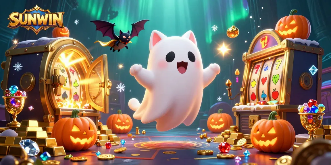 SUNWIN casino slot reels animated by a friendly ghost cat and a vampire bat in a haunted mansion.