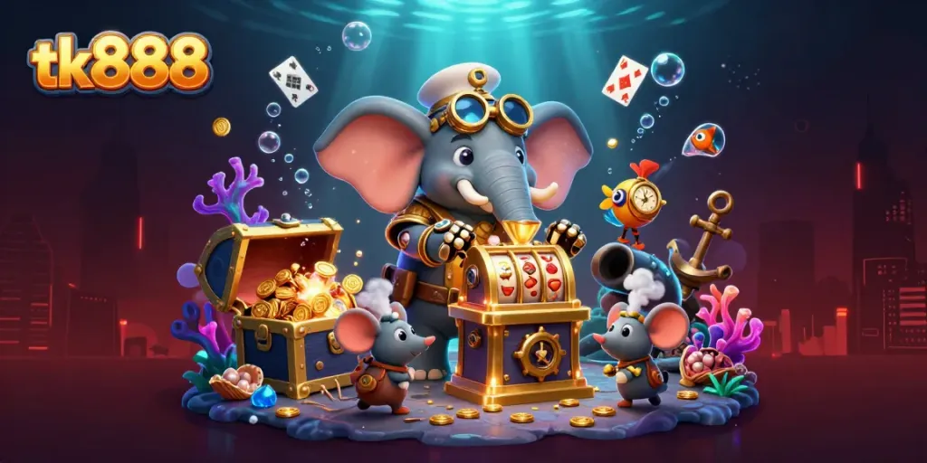Experience immersive betting action with tk888 as a steampunk elephant operates a golden slot machine.
