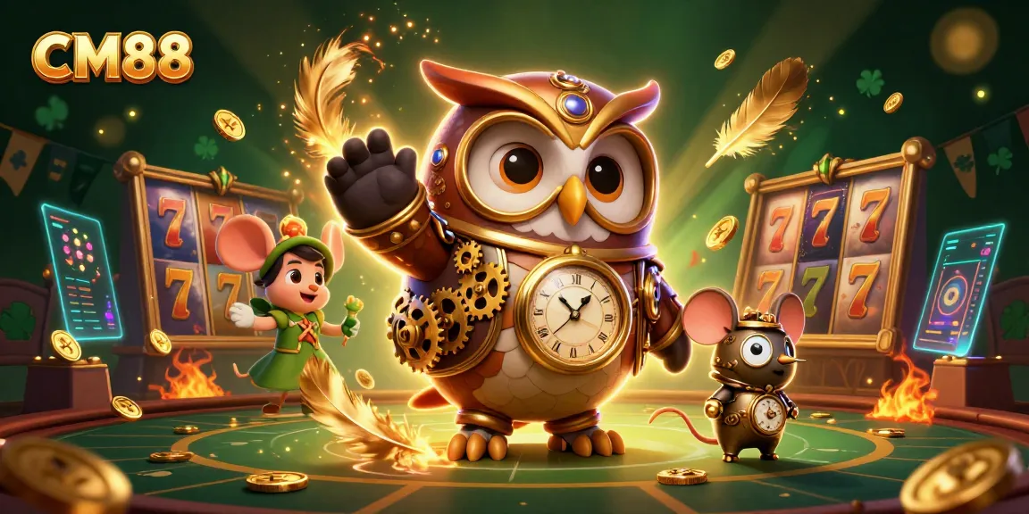 Engage with CM88’s vibrant casino scene featuring an owl and mouse among slot machines and golden coins.
