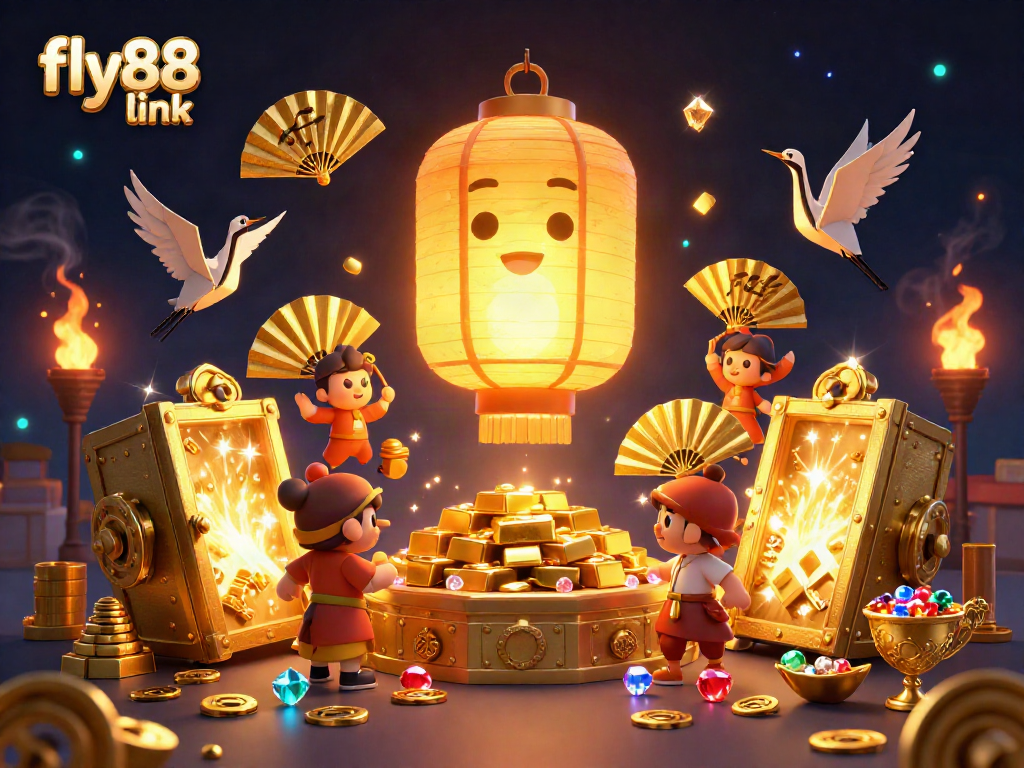 Experience the enchanting fly88 link with a vibrant casino scene featuring golden lanterns and treasures.