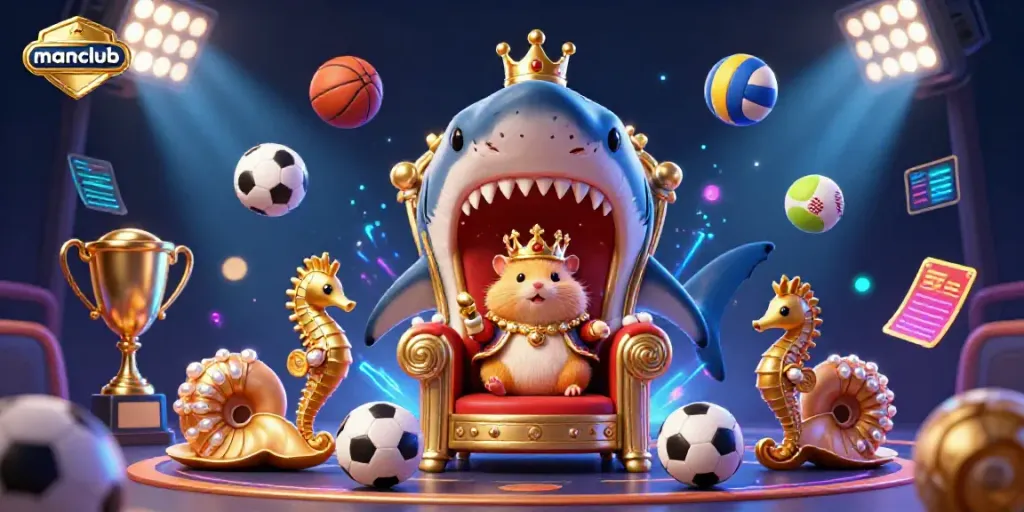 Engage with manclub's vibrant casino-themed dynamic scene featuring a golden hamster king and sports elements.