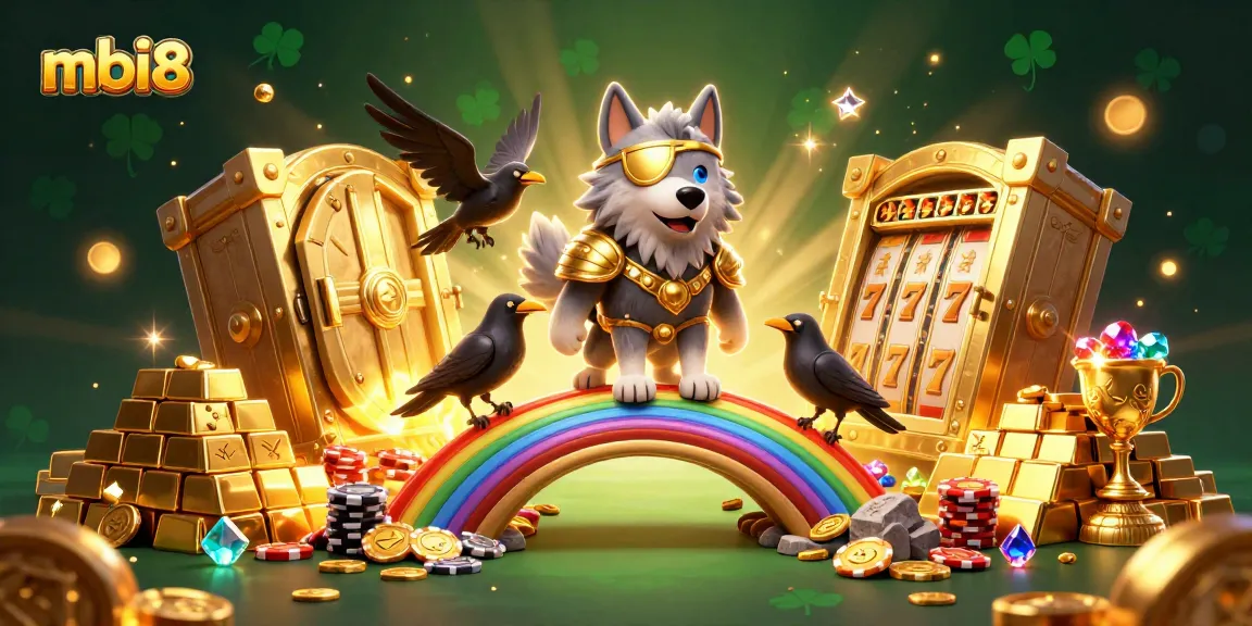 Experience thrilling wins at mbi8 with 3D characters and dynamic casino elements in this engaging illustration.