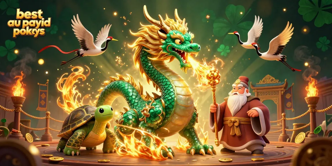 Play at the best AU PayID pokies with our vibrant, dynamic casino illustration art showcasing dragon and turtles.