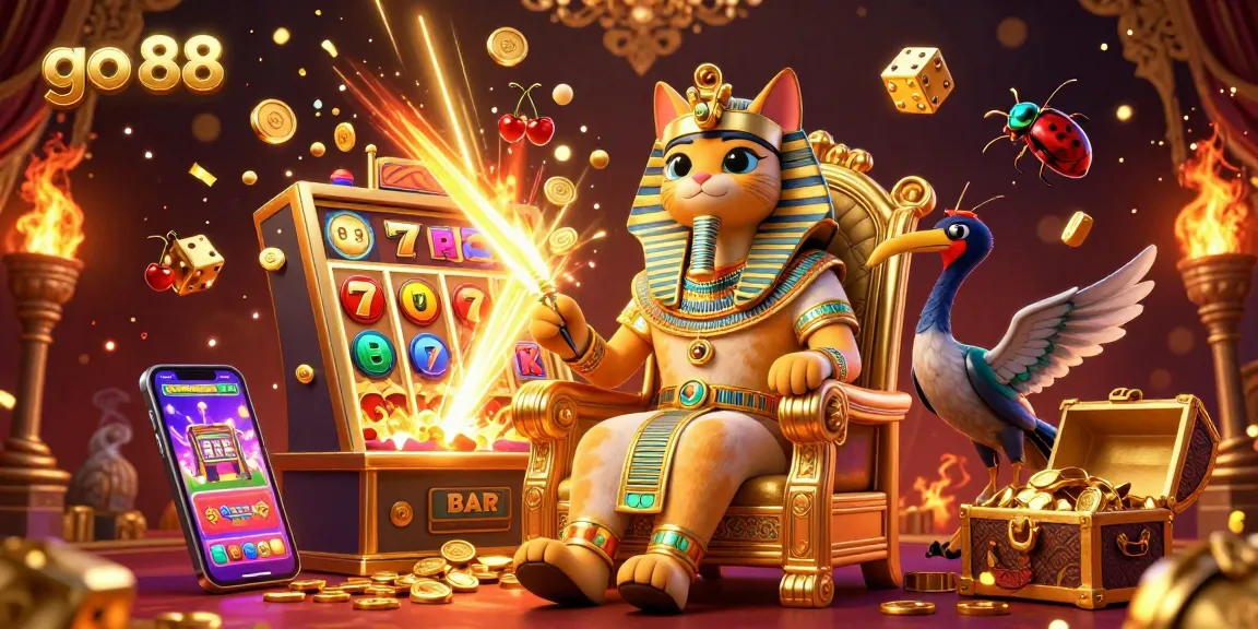 Engage with go 88 at this captivating 3D casino scene featuring a pharaoh cat, vibrant slot machines, and a rich atmosphere.