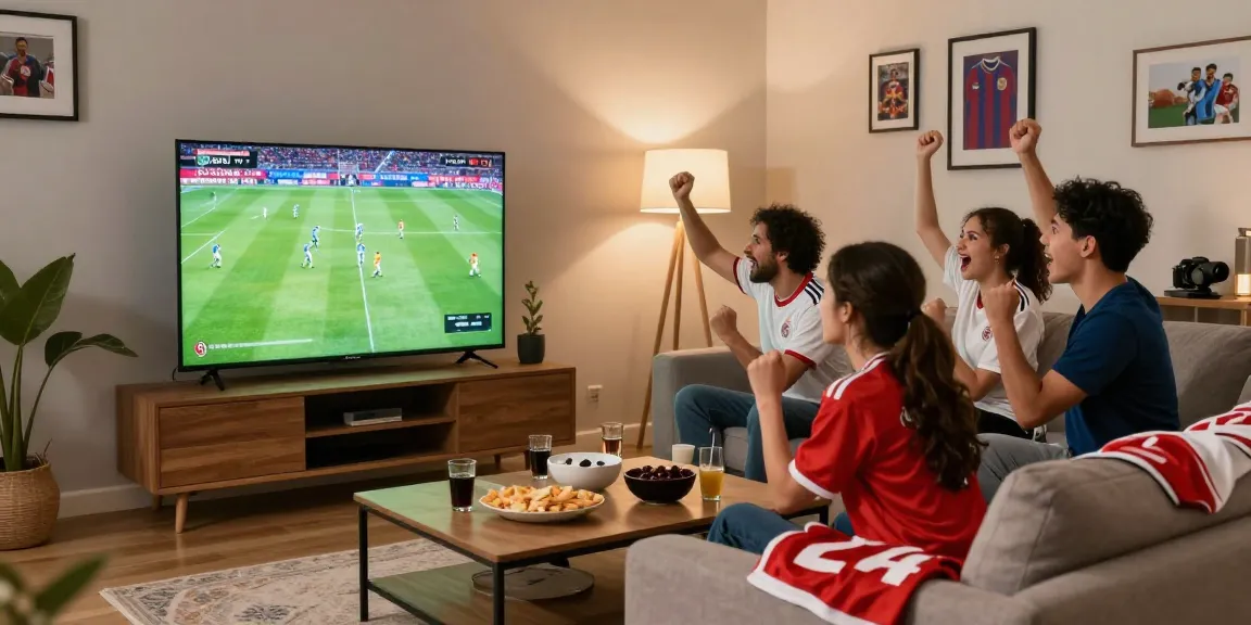 مشاهدة مباريات كرة القدم عبر kora live tv في غرفة معيشة مريحة مع أصدقاء متحمسين